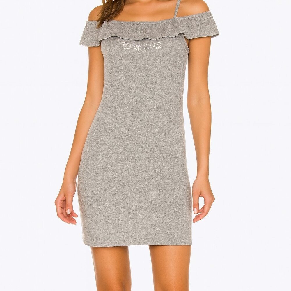 Bebe Mini Dress Gray Womens‎ Large Ruffle Off Shoulder Rhinestone Logo Ribbed